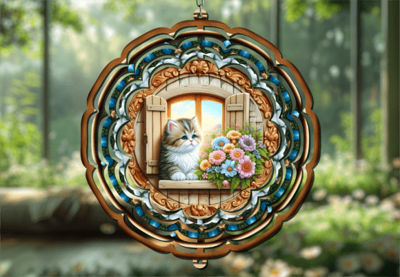 Vibrant Floral Cat Window Wind Spinner: A Design Asset That Pounces