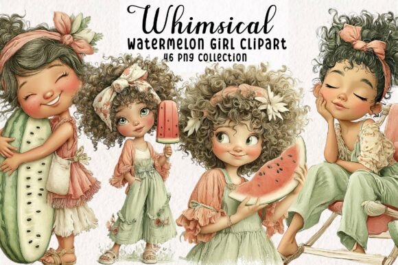 Whimsical Summer Watermelon Girl Clipart: A Fresh Visual Asset